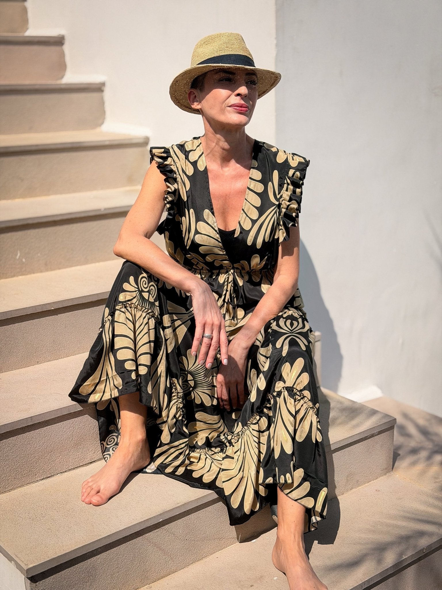 Boho long silk dress – open back, V-neck, fluid fit