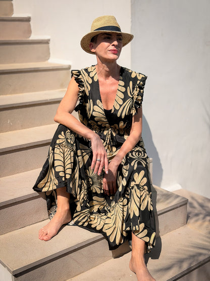 Robe longue bohème en soie  – dos ouvert, décolleté V, coupe fluide
