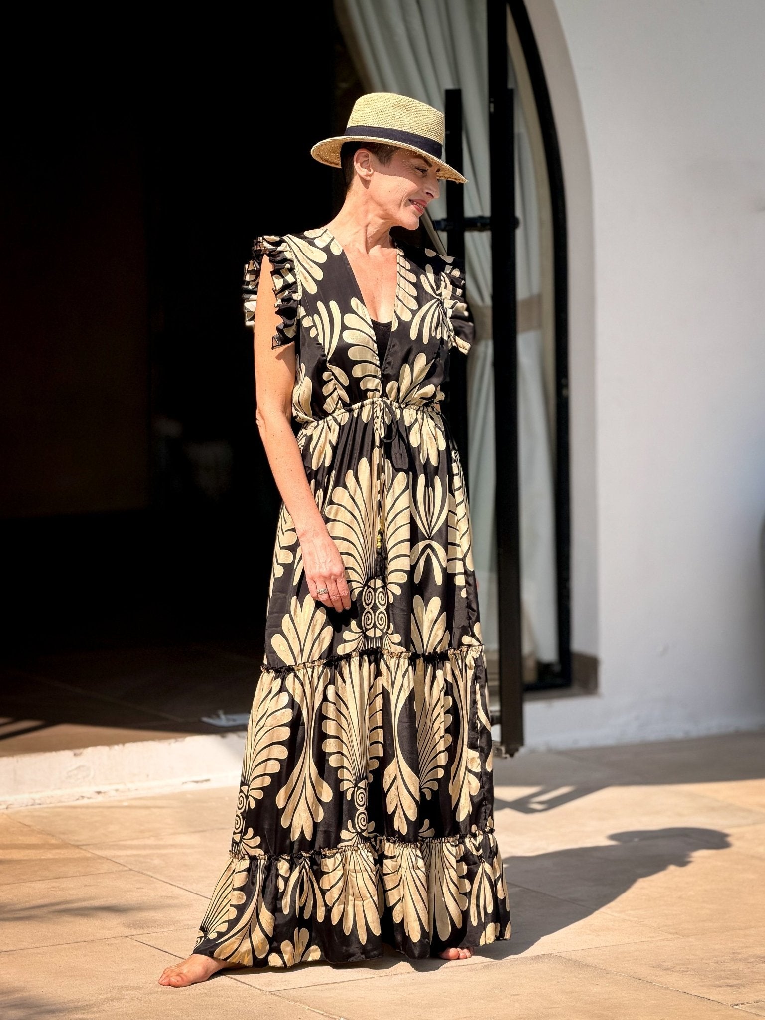 Boho long silk dress – open back, V-neck, fluid fit