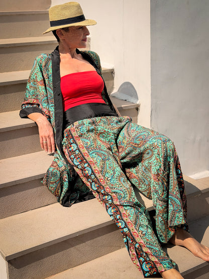 Silk palazzo set – wide leg pants women – boho chic kimono outfit