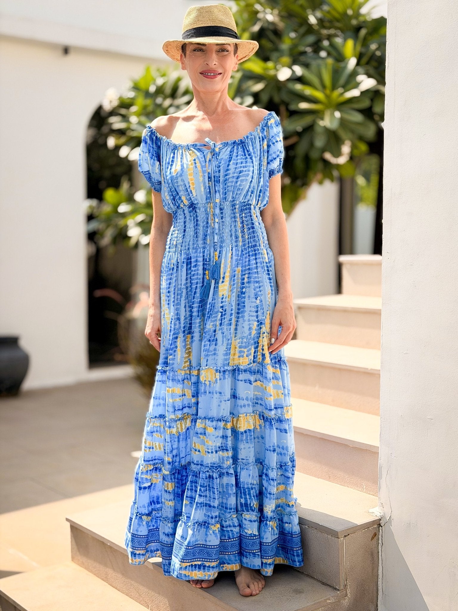 Boho long ruffled silk dress, off-shoulder neckline