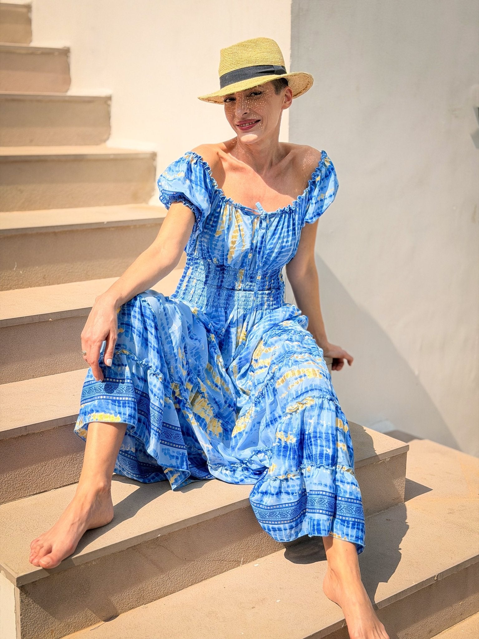 Boho long ruffled silk dress, off-shoulder neckline