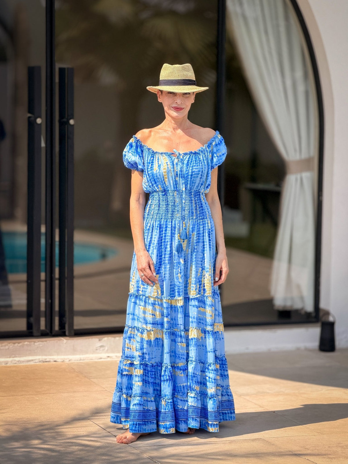 Boho long ruffled silk dress, off-shoulder neckline