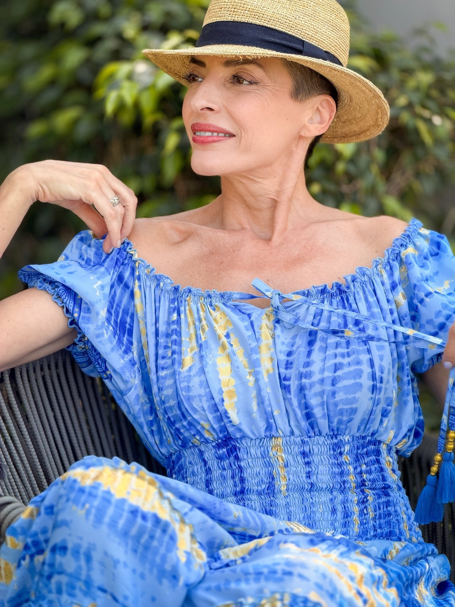 Boho long ruffled silk dress, off-shoulder neckline