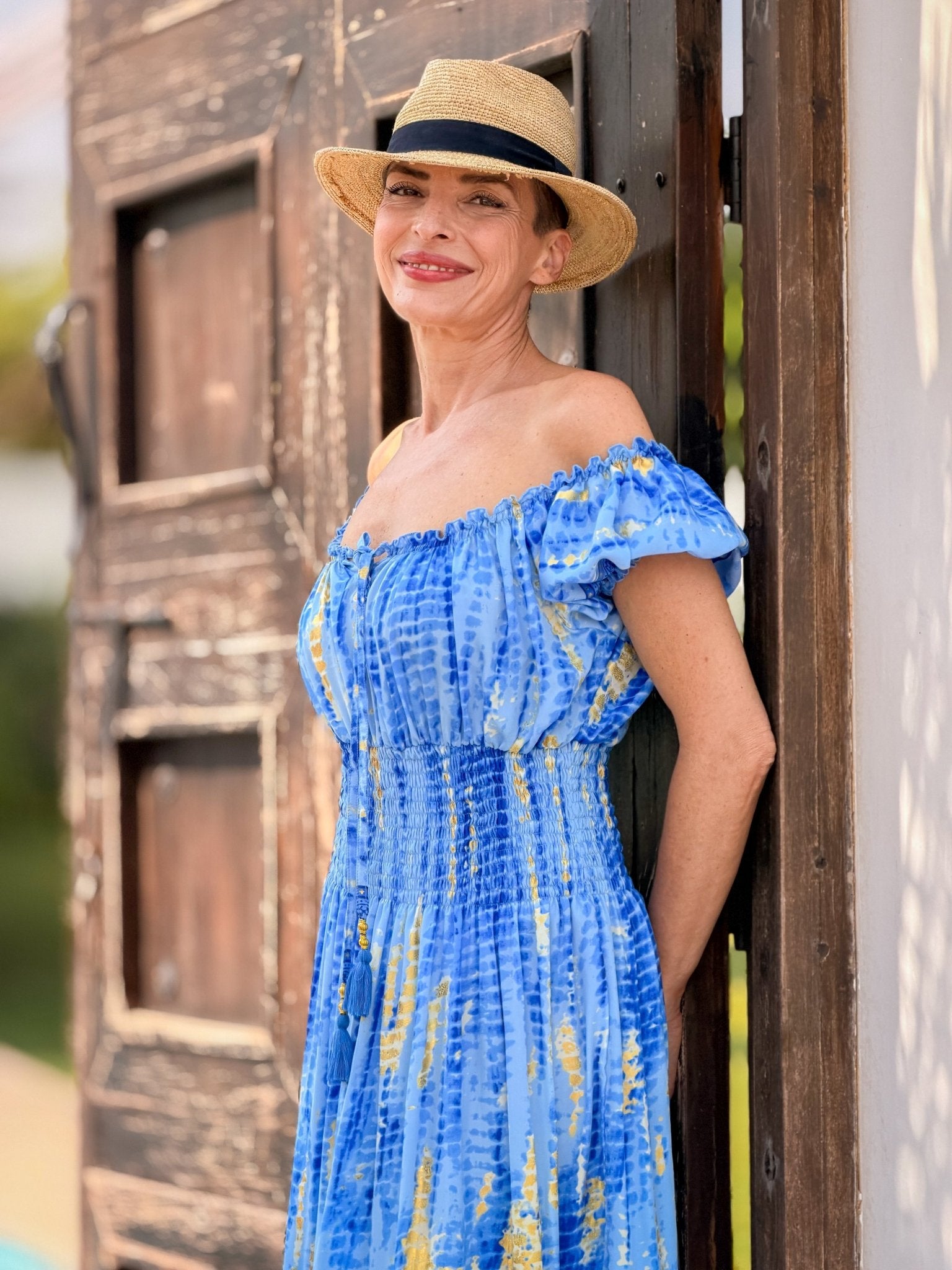 Boho long ruffled silk dress, off-shoulder neckline