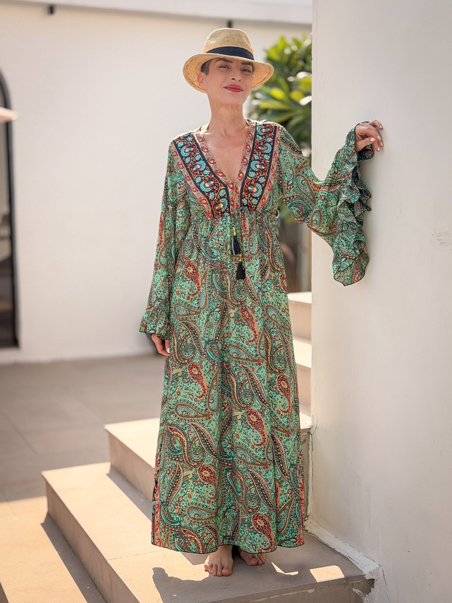 Long Bohemian Silk Dress – V-neck & Flared Sleeves