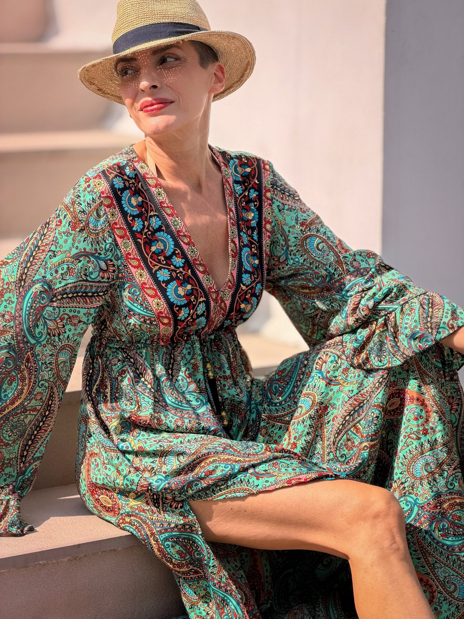Long Bohemian Silk Dress – V-neck & Flared Sleeves