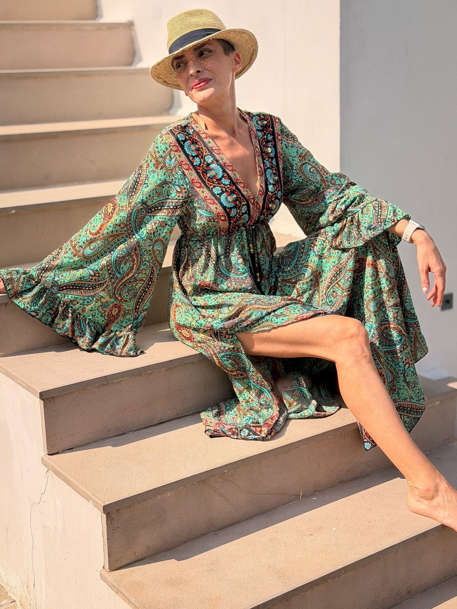 Long Bohemian Silk Dress – V-neck & Flared Sleeves