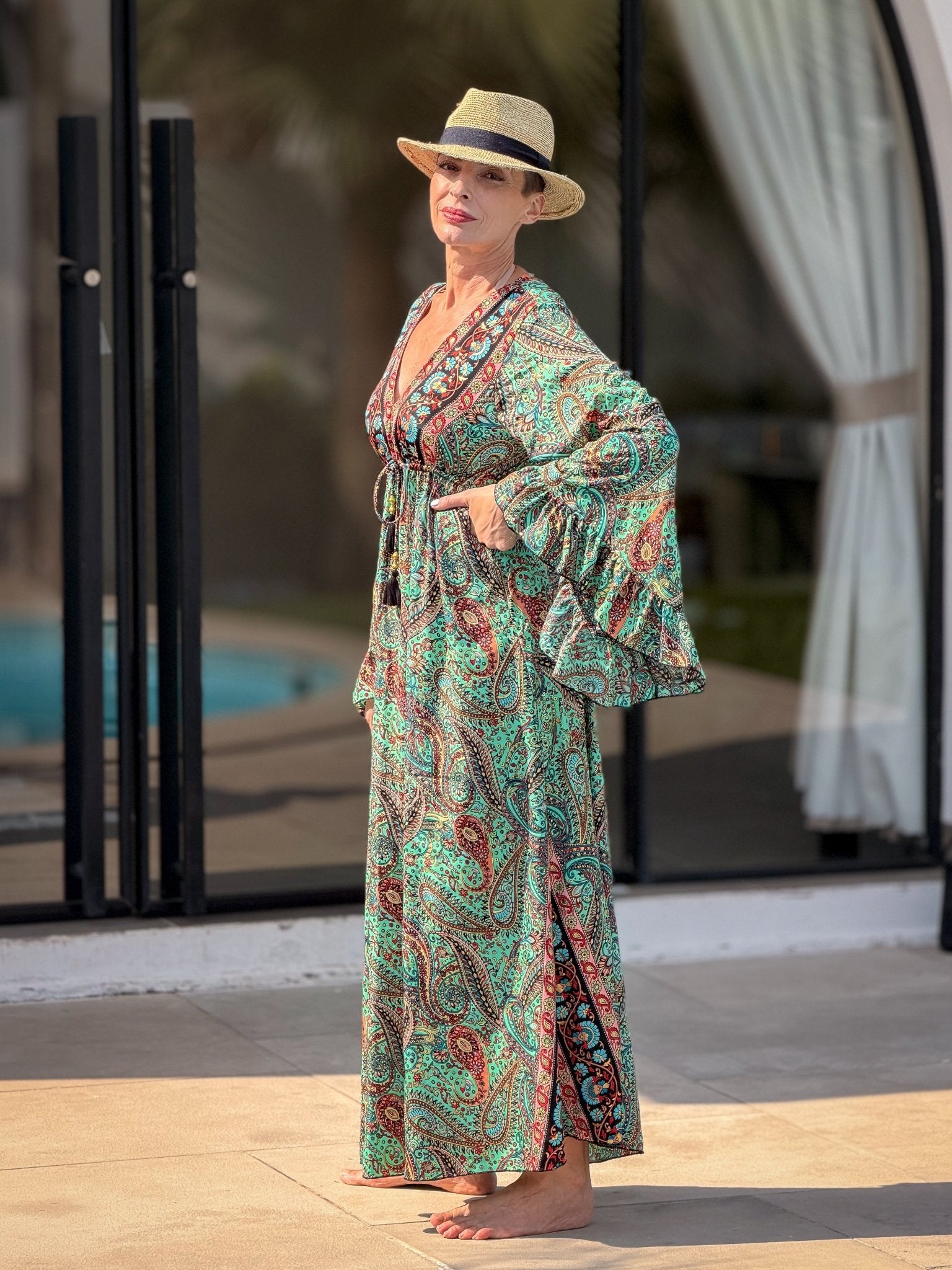 Long Bohemian Silk Dress – V-neck & Flared Sleeves