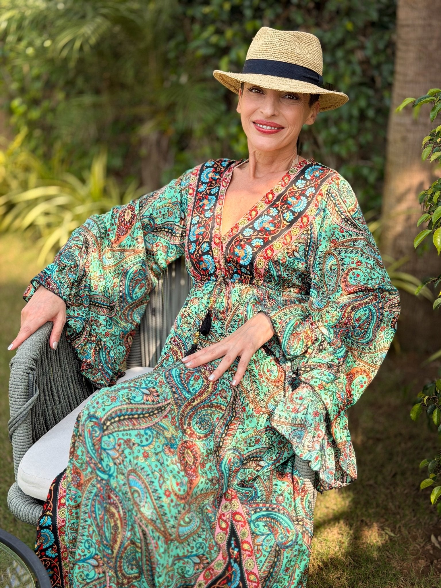 Long Bohemian Silk Dress – V-neck & Flared Sleeves