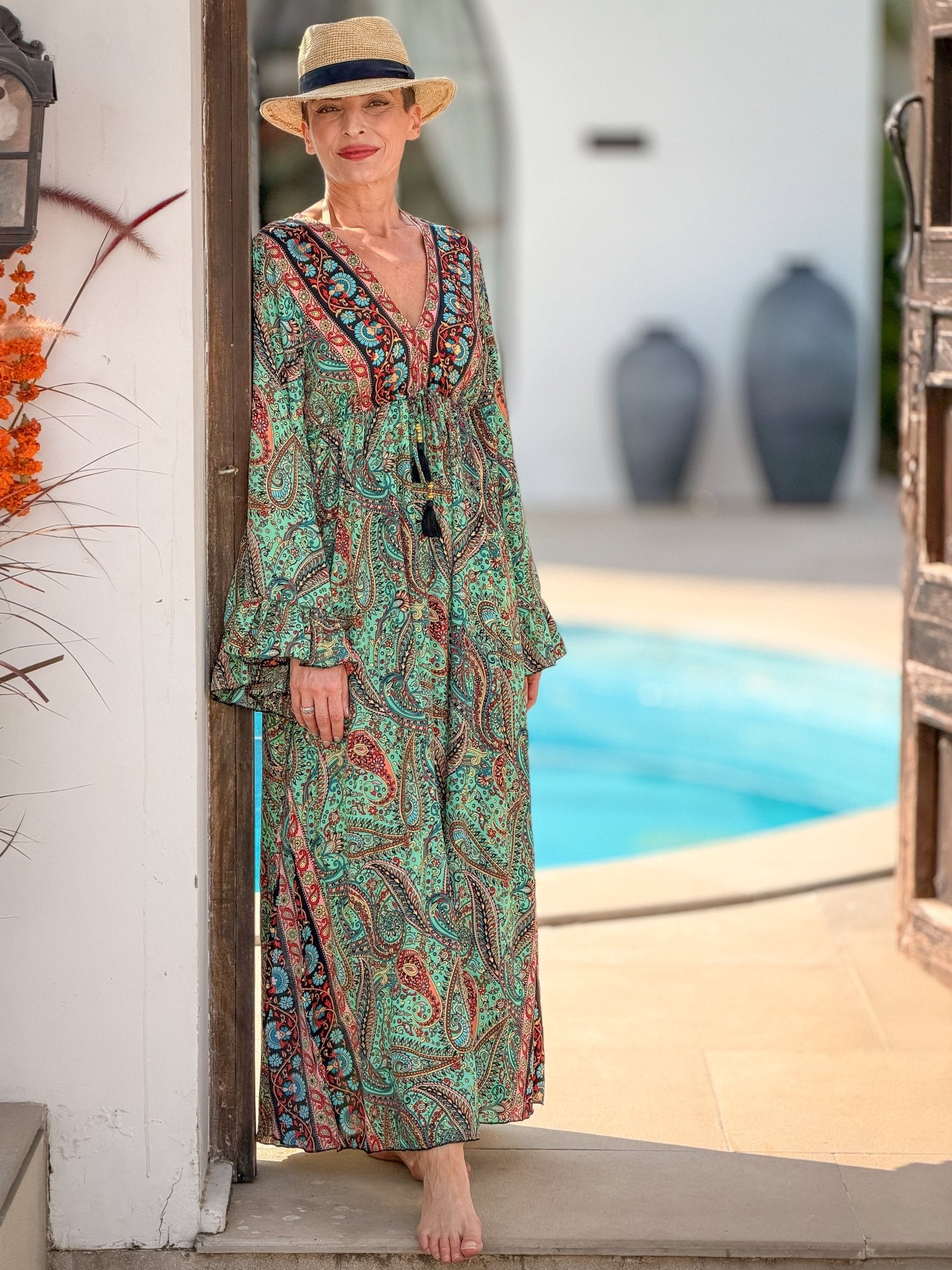 Long Bohemian Silk Dress – V-neck & Flared Sleeves
