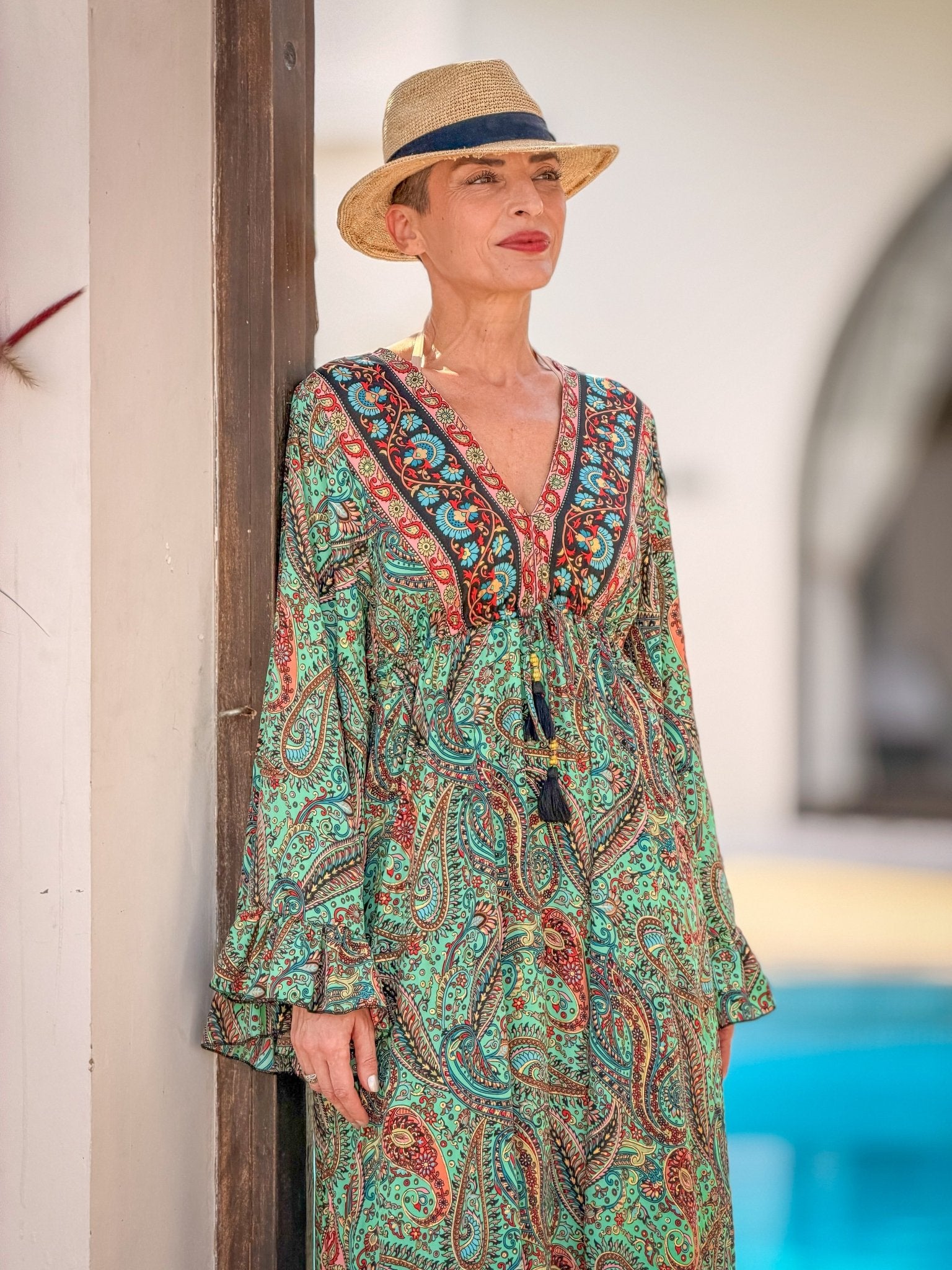 Long Bohemian Silk Dress – V-neck & Flared Sleeves