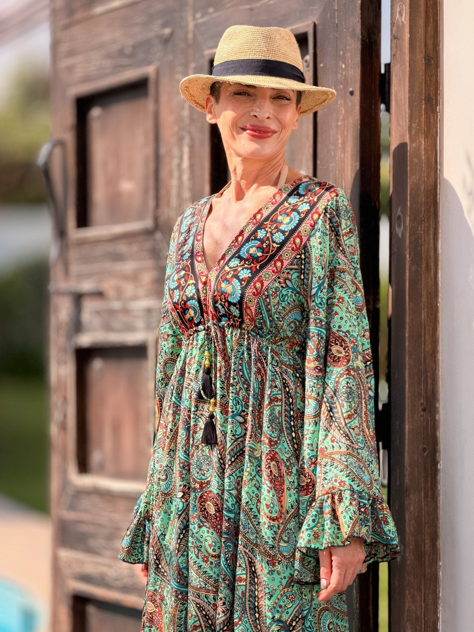 Long Bohemian Silk Dress – V-neck & Flared Sleeves