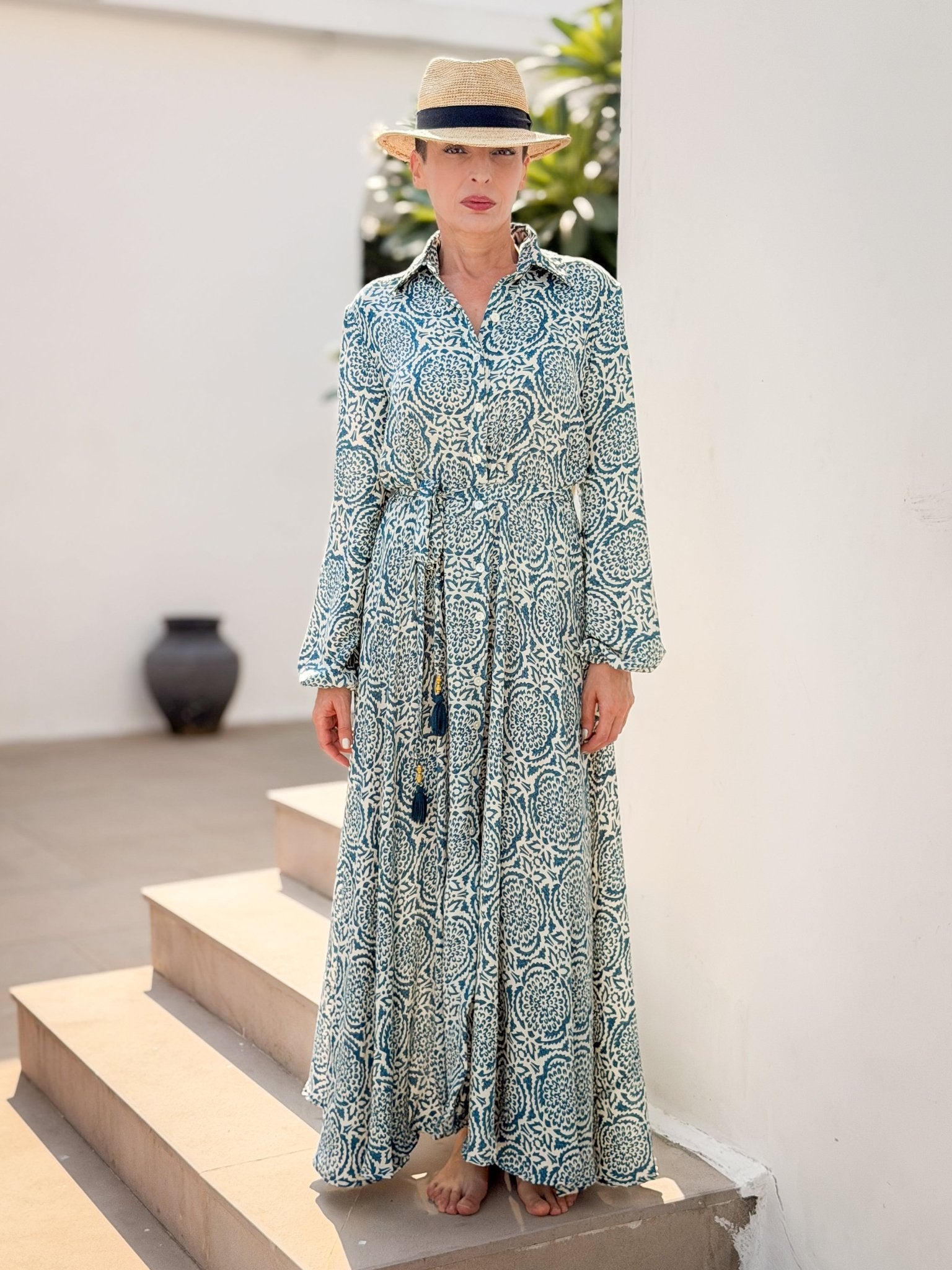 Vintage long silk dress – flowy belted shirt dress