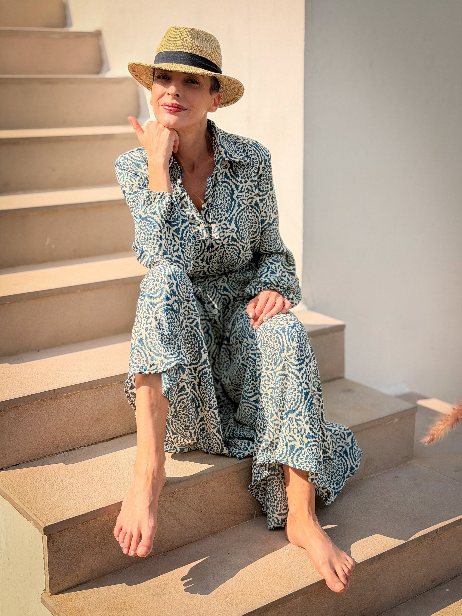 Vintage long silk dress – flowy belted shirt dress