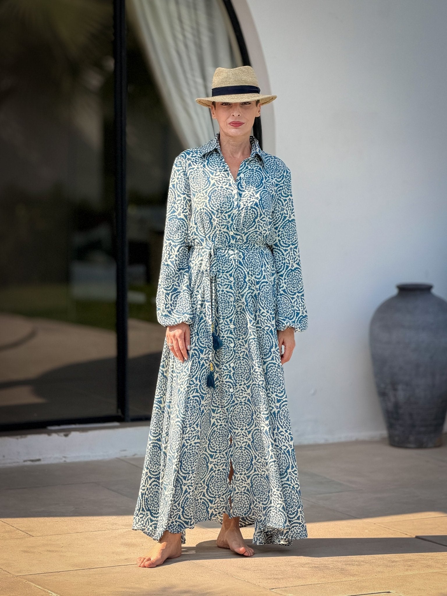 Vintage long silk dress – flowy belted shirt dress