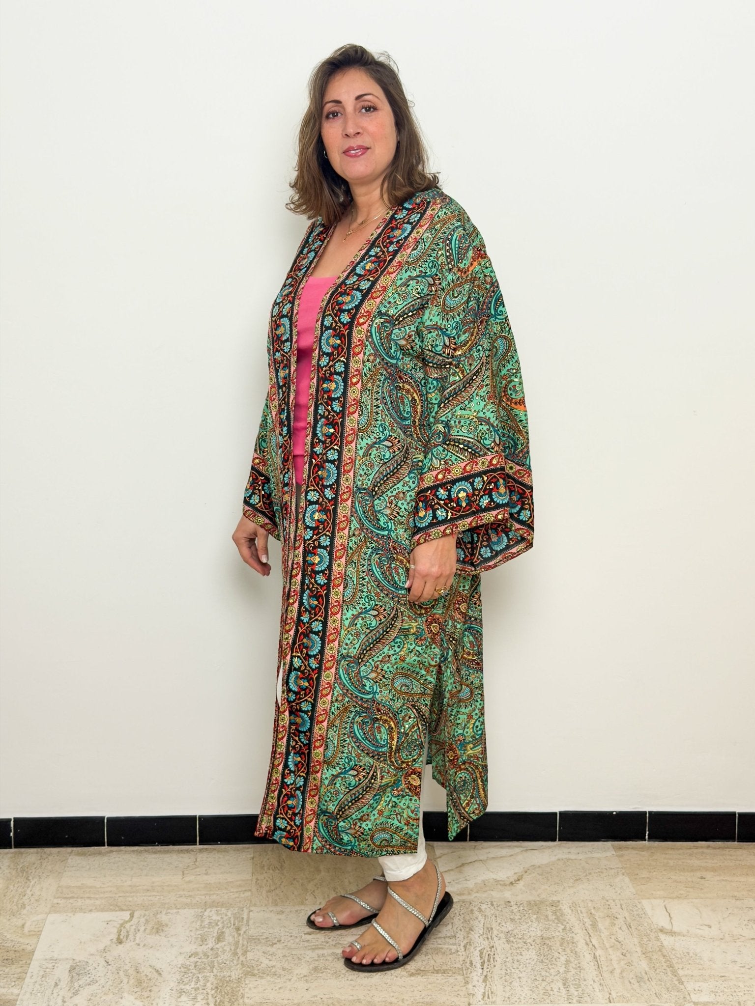 Green Vintage Silk Kimono – open front – elegant boho style