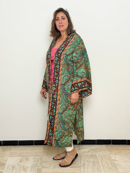 Green Vintage Silk Kimono – open front – elegant boho style