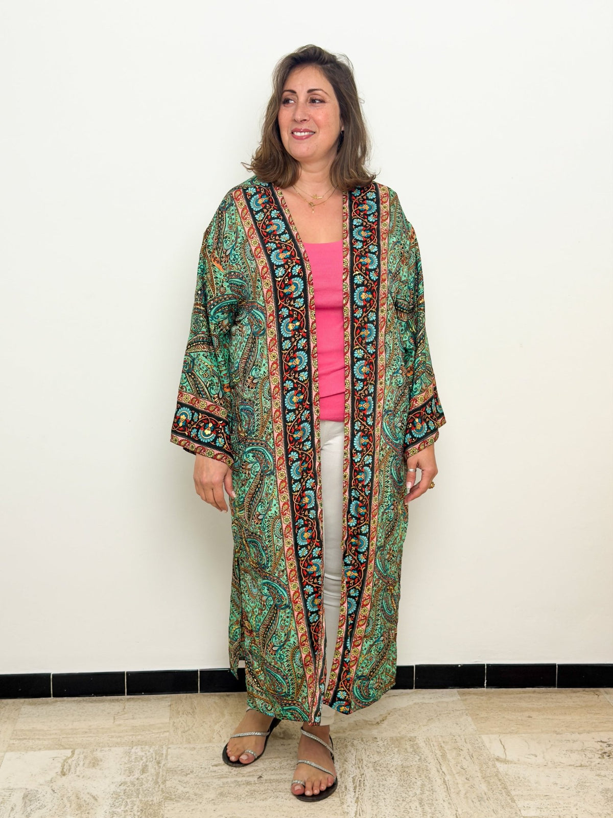 Green Vintage Silk Kimono – open front – elegant boho style