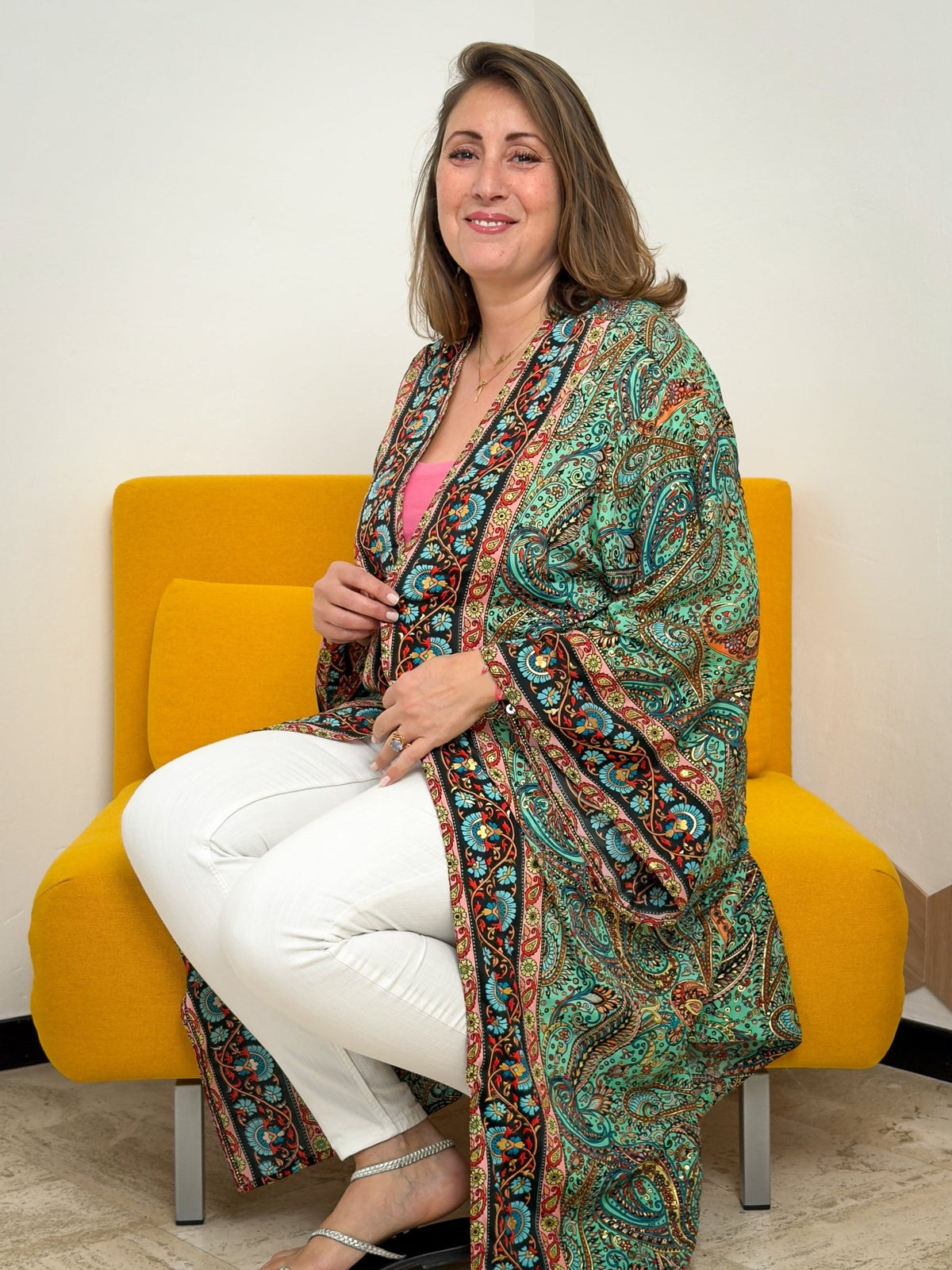 Green Vintage Silk Kimono – open front – elegant boho style