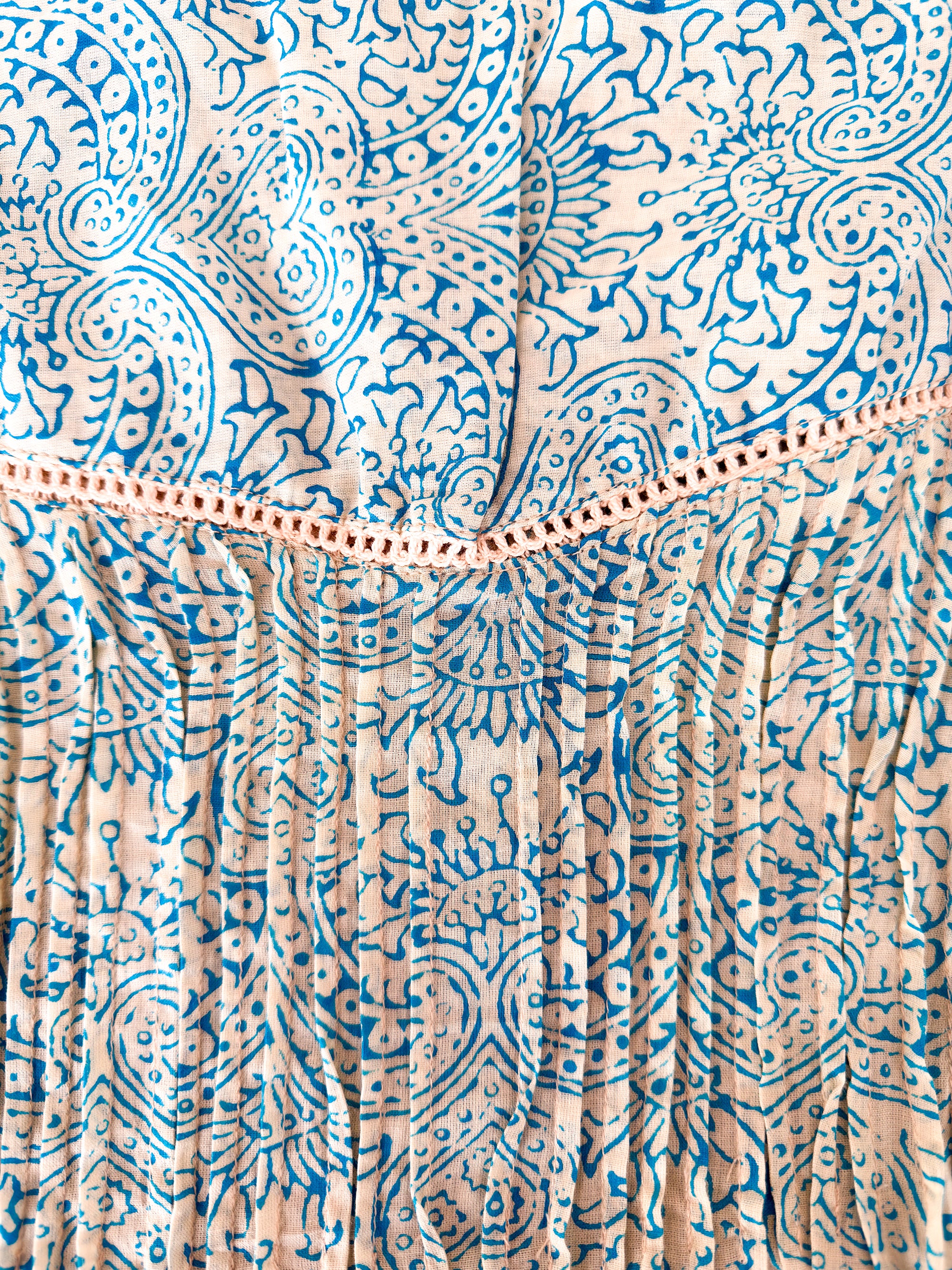 Women’s Cotton Block Print Blouse – Tunisian Collar, Short Sleeves, Flowy Fit