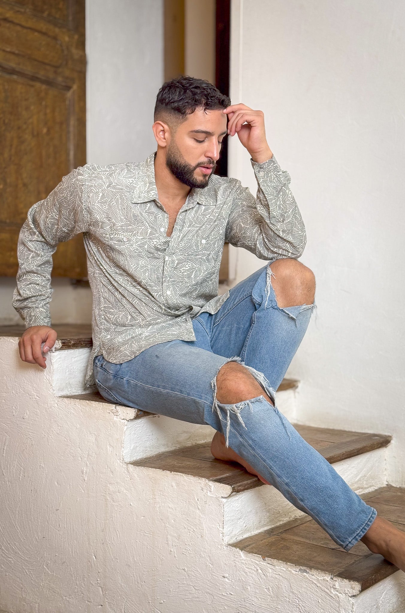 Retro Large French Collar Silk Shirt - Long Sleeve Shirt - Boho Chic Shirt, Vintage Shirt, Men’s Chic Shirt