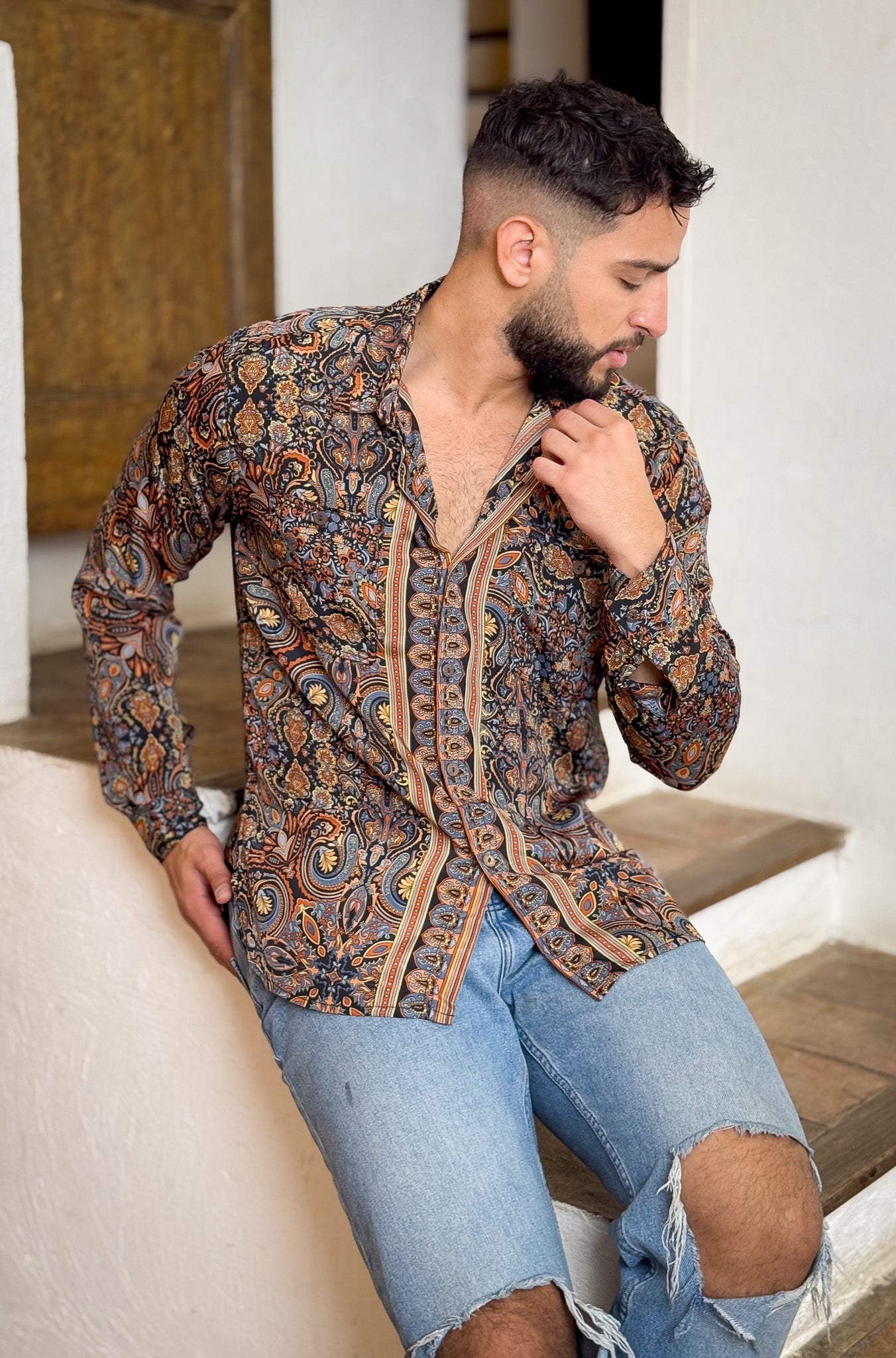Retro Large French Collar Silk Shirt - Long Sleeve Shirt - Boho Chic Shirt, Vintage Shirt, Men’s Chic Shirt