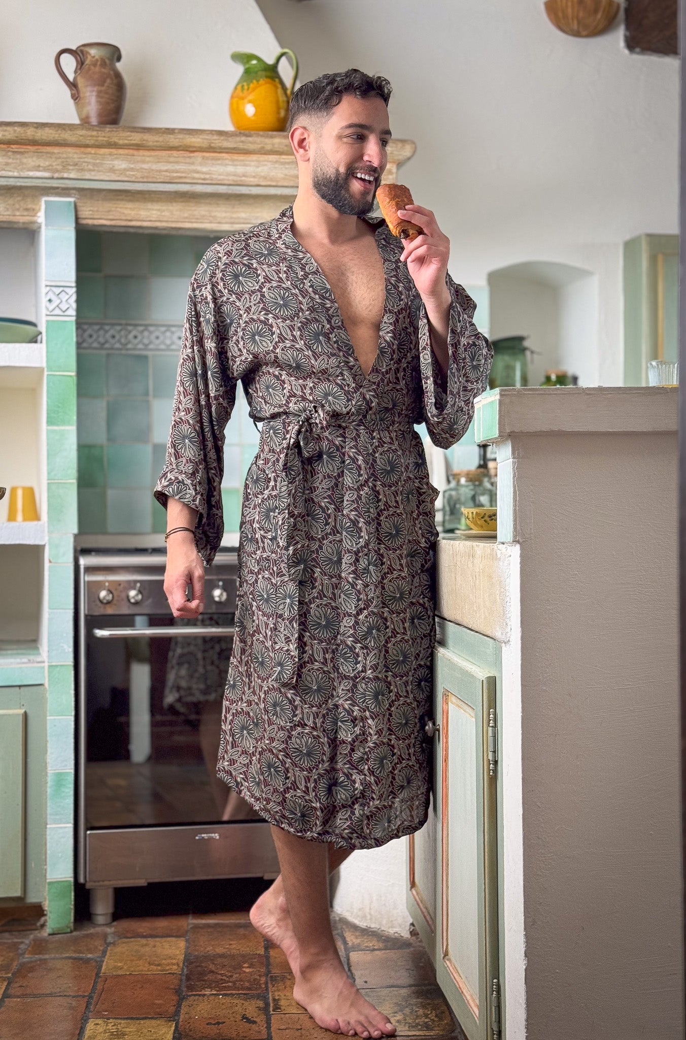 Silk boho men's kimono, kimono for him, silk bathrobe, dressing gown, gift for him