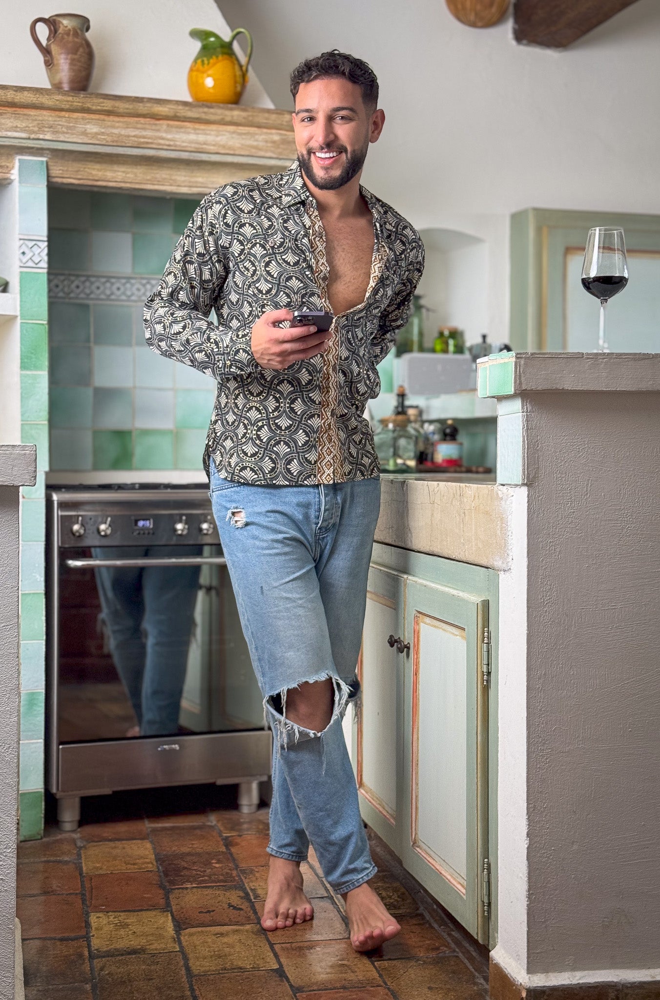 Retro Large French Collar Silk Shirt - Long Sleeve Shirt - Boho Chic Shirt, Vintage Shirt, Men’s Chic Shirt