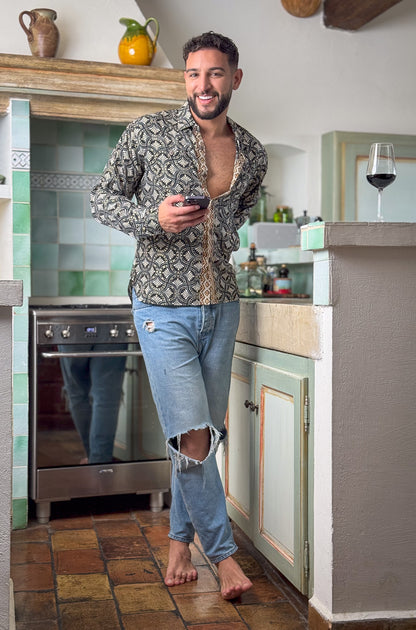 Retro Large French Collar Silk Shirt - Long Sleeve Shirt - Boho Chic Shirt, Vintage Shirt, Men’s Chic Shirt