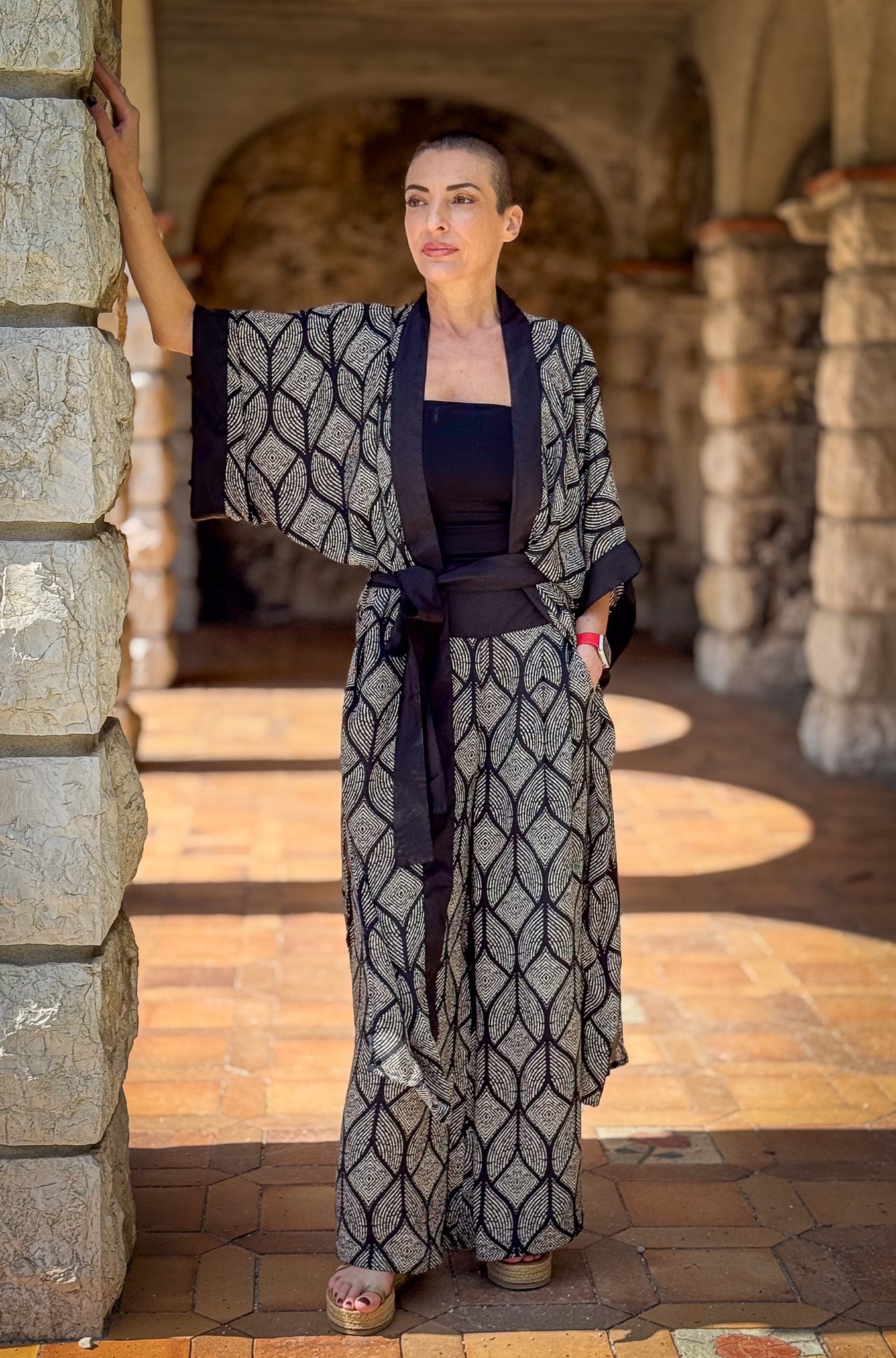 Ensemble kimono et pantalon palazzo en soie - Kimono style seventies - ensemble casual chic en soie - pantalon large en soie