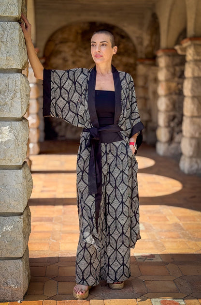 Ensemble kimono et pantalon palazzo en soie - Kimono style seventies - ensemble casual chic en soie - pantalon large en soie