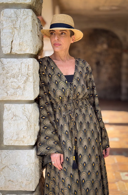 Long boho silk dress, vintage silk dress, plunging neckline dress, shirring dress, bohemian gypsy dress, summer dress
