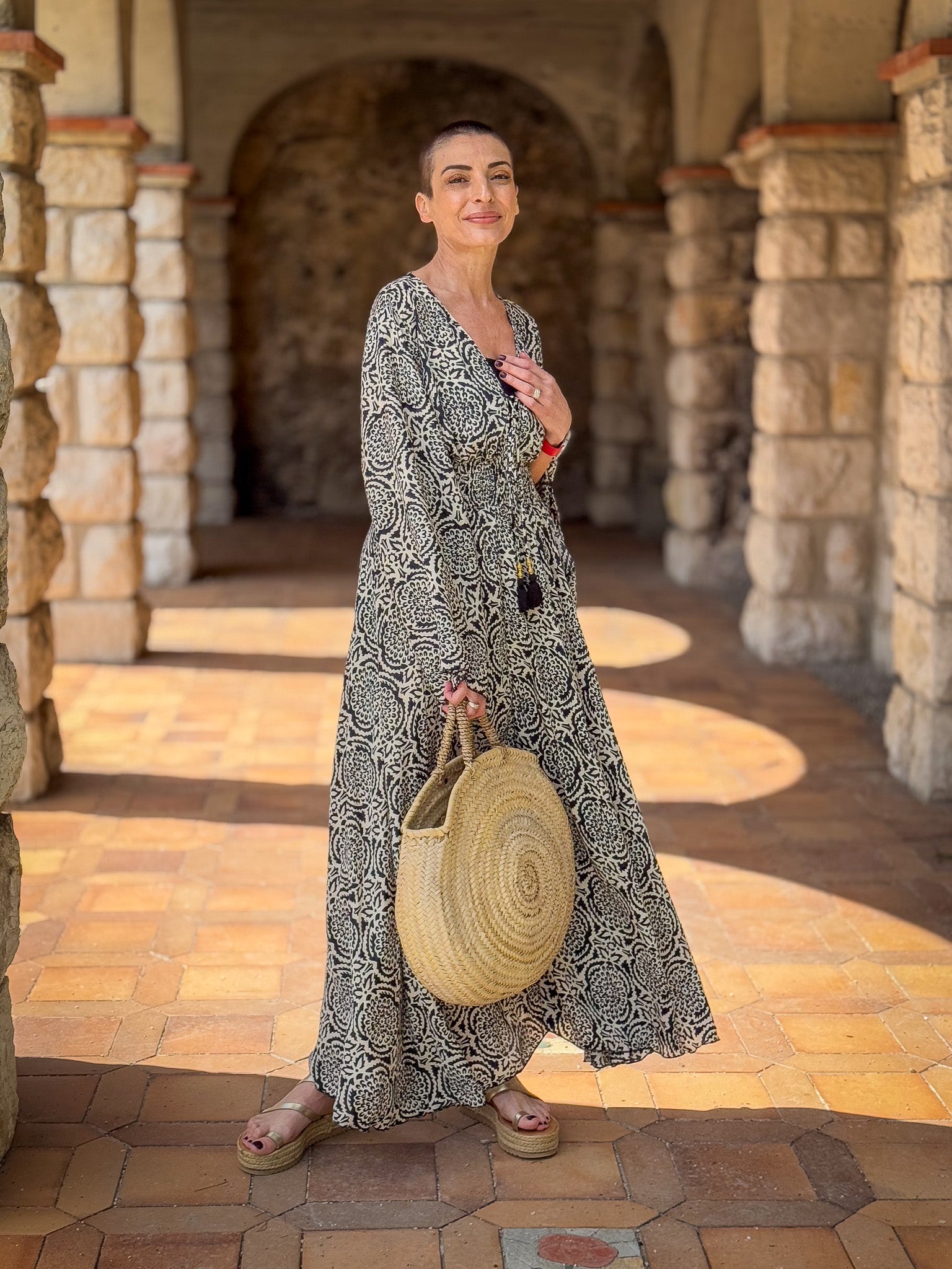 Long boho silk dress, vintage silk dress, plunging neckline dress, shirring dress, bohemian gypsy dress, summer dress