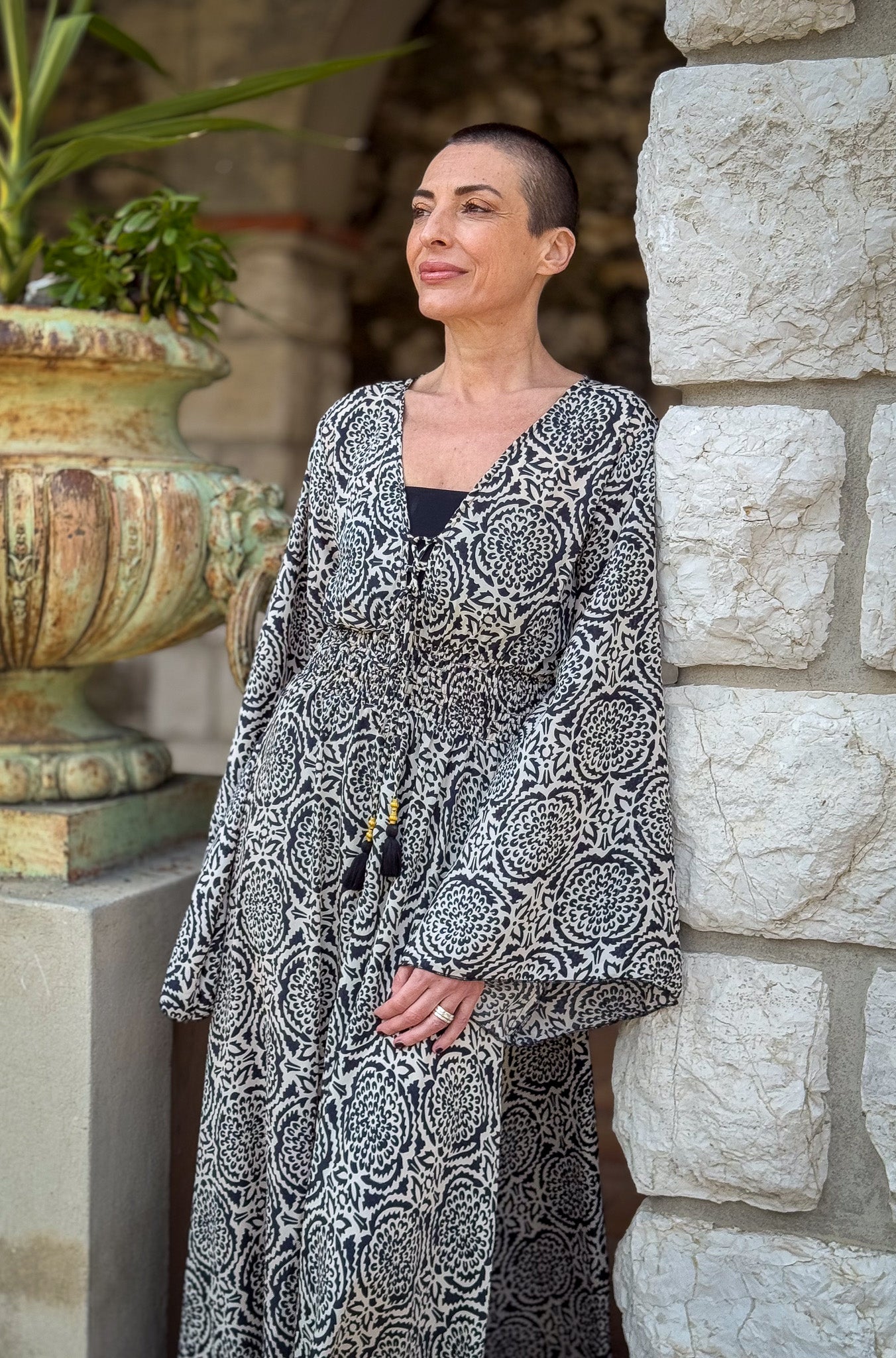 Long boho silk dress, vintage silk dress, plunging neckline dress, shirring dress, bohemian gypsy dress, summer dress