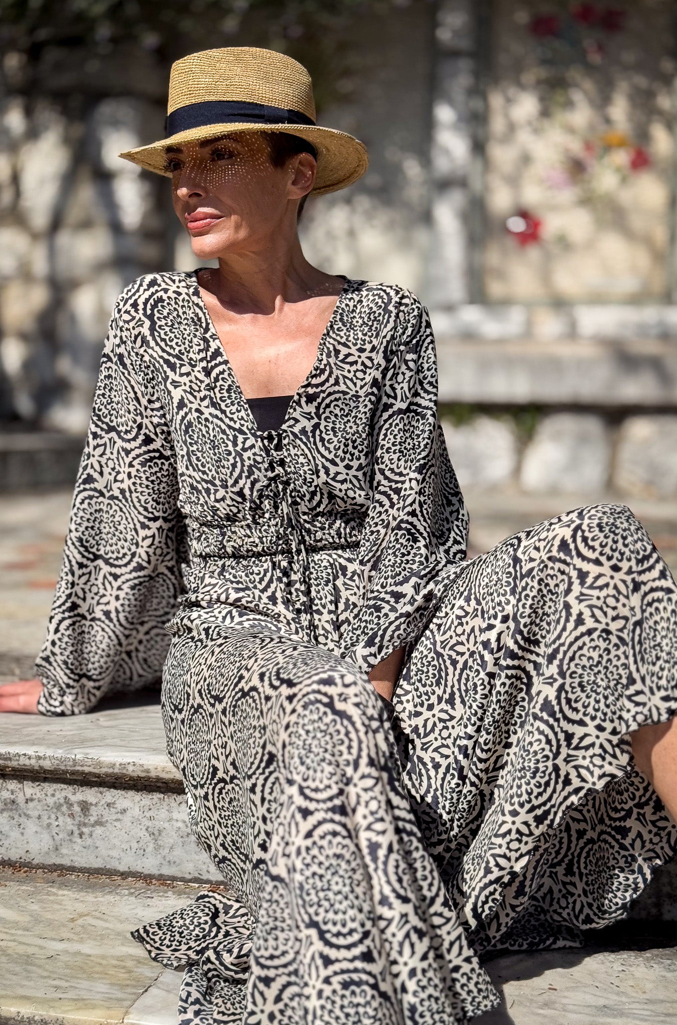 Long boho silk dress, vintage silk dress, plunging neckline dress, shirring dress, bohemian gypsy dress, summer dress