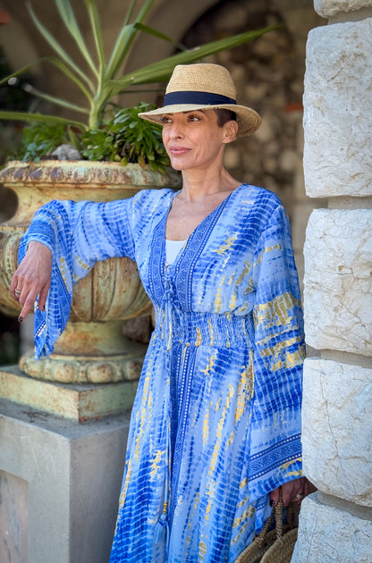 Long boho silk dress, vintage silk dress, plunging neckline dress, shirring dress, bohemian gypsy dress, summer dress