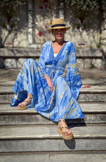 Long boho silk dress, vintage silk dress, plunging neckline dress, shirring dress, bohemian gypsy dress, summer dress