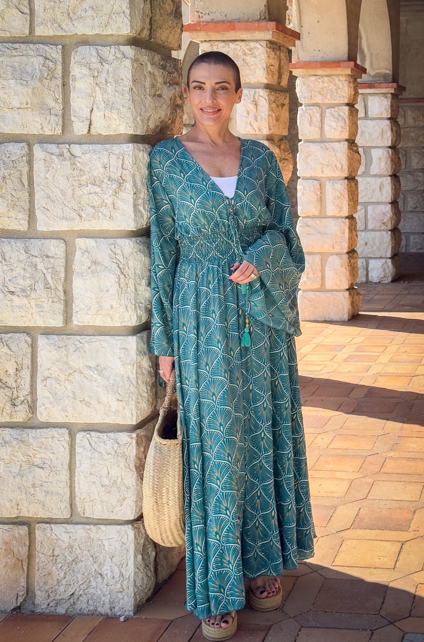 Long boho silk dress, vintage silk dress, plunging neckline dress, shirring dress, bohemian gypsy dress, summer dress