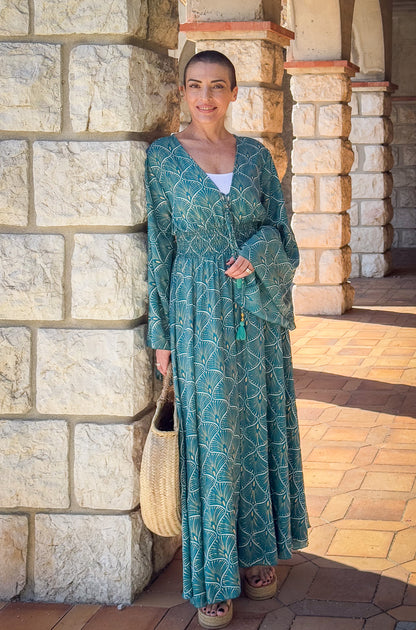 Long boho silk dress, vintage silk dress, plunging neckline dress, shirring dress, bohemian gypsy dress, summer dress
