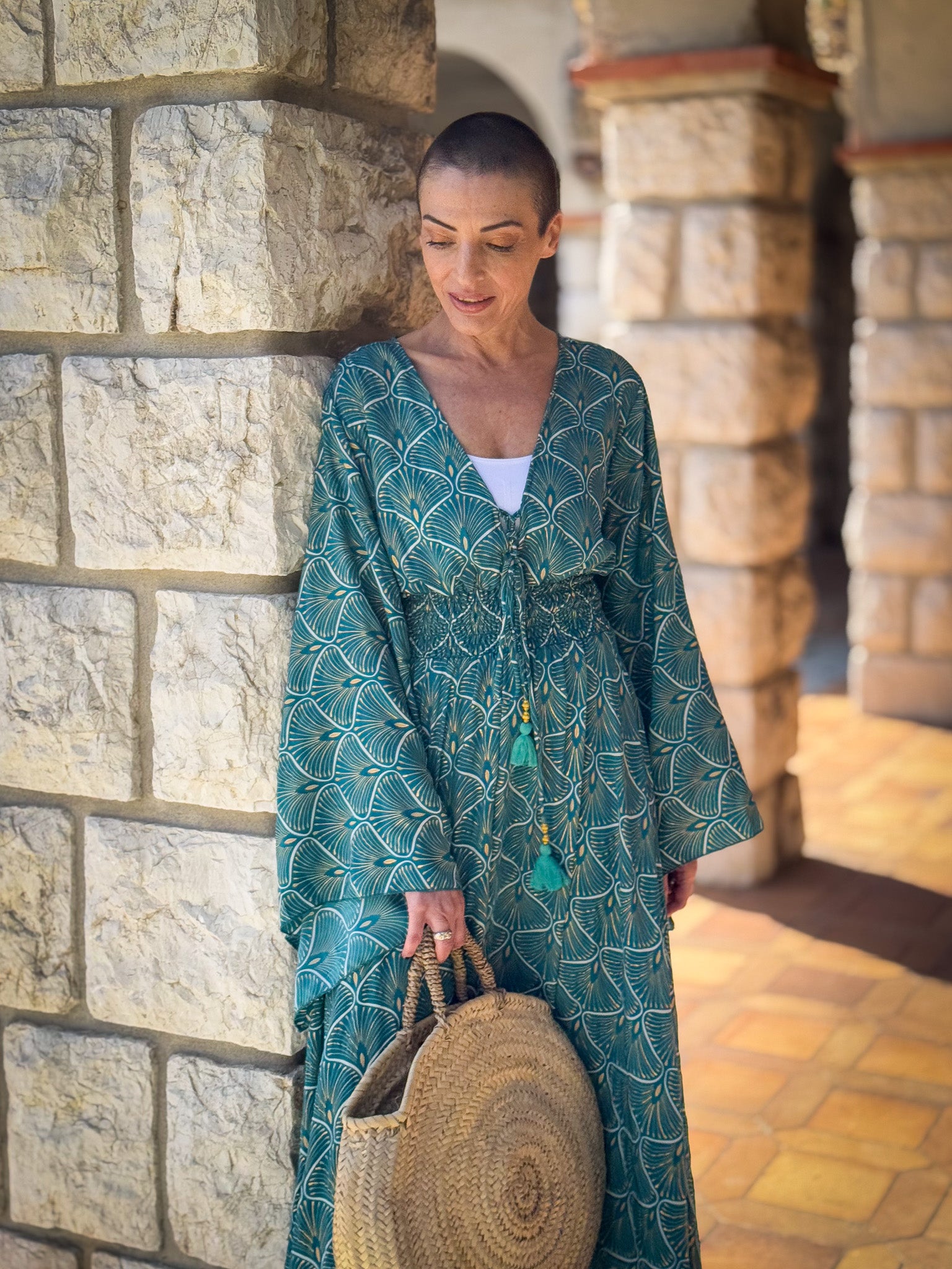 Long boho silk dress, vintage silk dress, plunging neckline dress, shirring dress, bohemian gypsy dress, summer dress