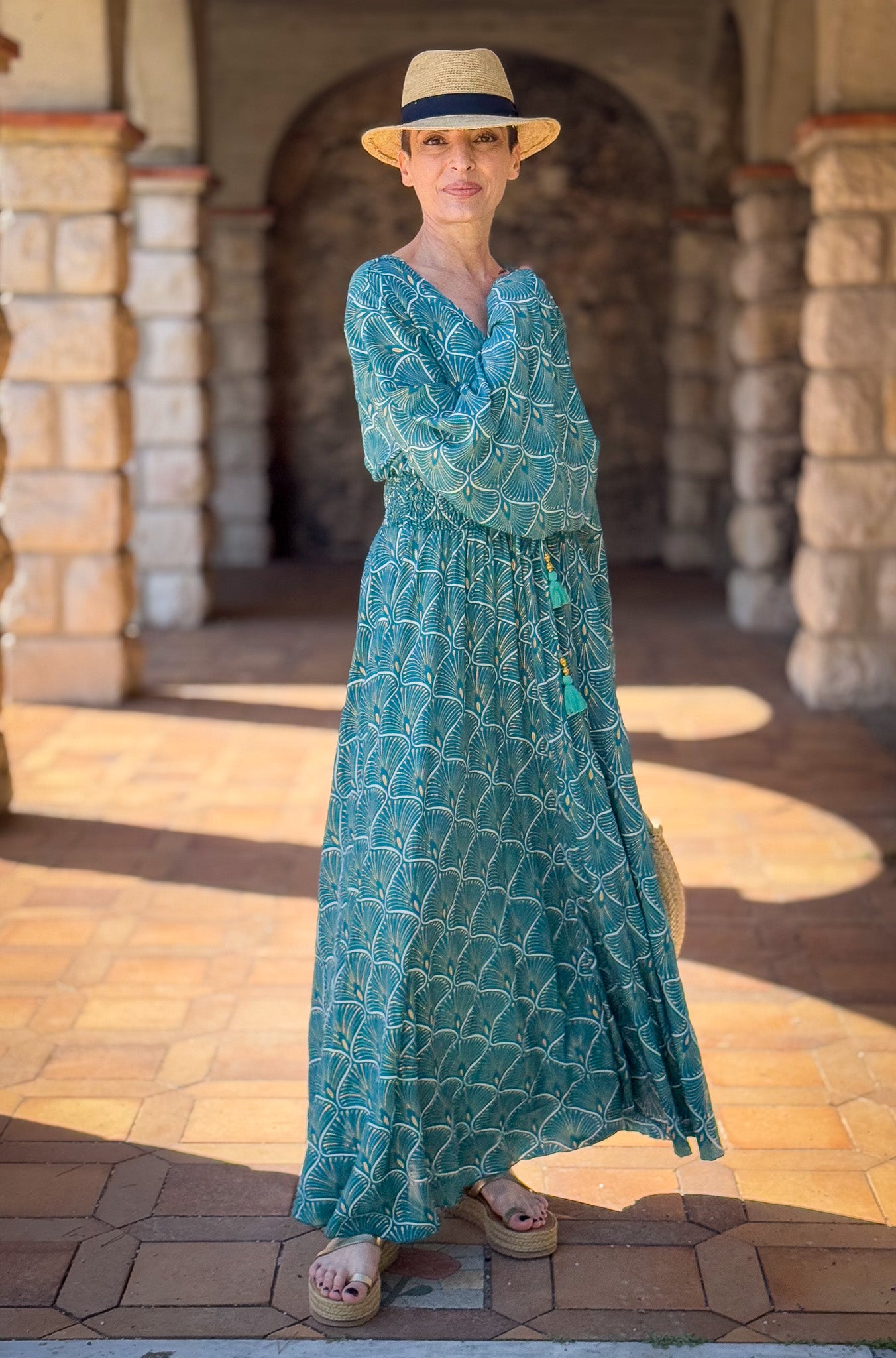 Long boho silk dress, vintage silk dress, plunging neckline dress, shirring dress, bohemian gypsy dress, summer dress