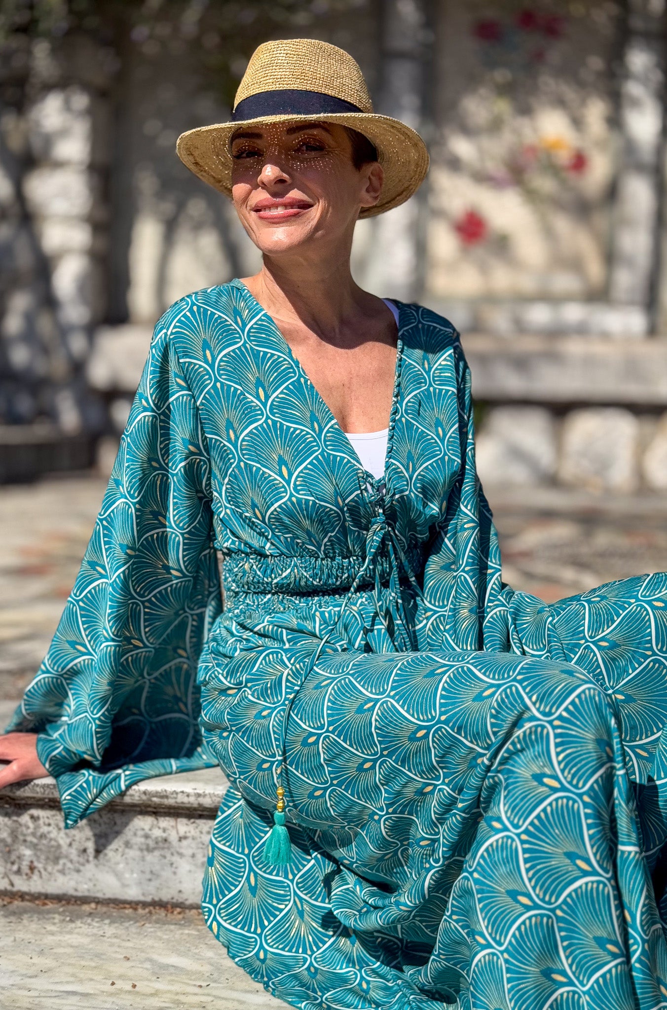 Long boho silk dress, vintage silk dress, plunging neckline dress, shirring dress, bohemian gypsy dress, summer dress