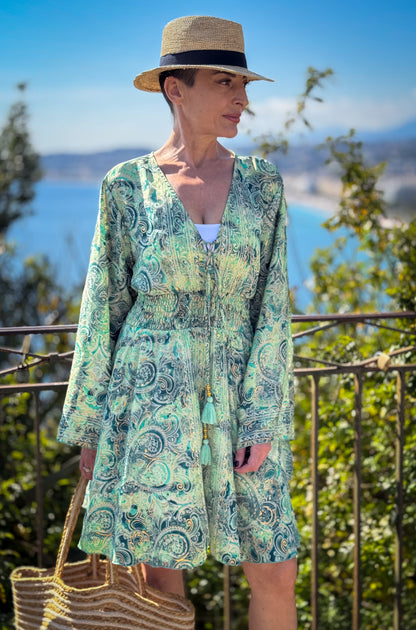 Short boho silk dress, vintage silk dress, plunging neckline dress, shirring dress, bohemian gypsy dress, summer dress