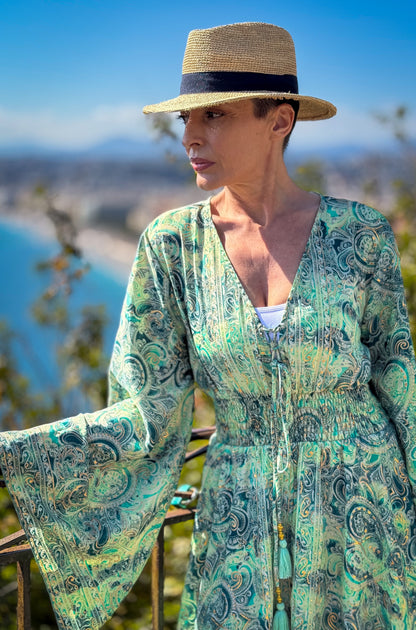 Short boho silk dress, vintage silk dress, plunging neckline dress, shirring dress, bohemian gypsy dress, summer dress