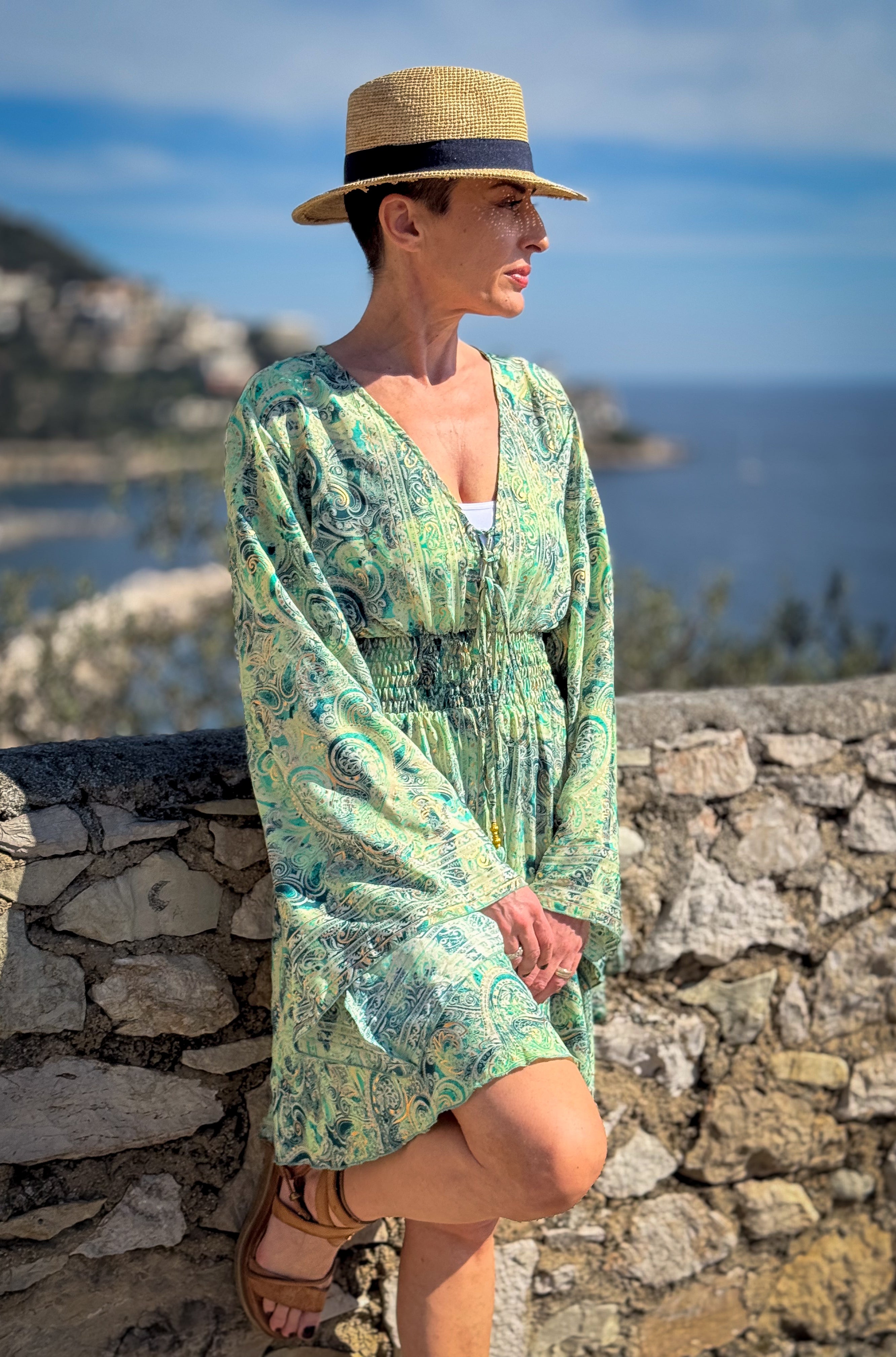 Short boho silk dress, vintage silk dress, plunging neckline dress, shirring dress, bohemian gypsy dress, summer dress
