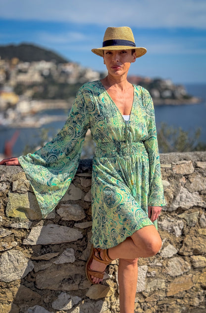 Short boho silk dress, vintage silk dress, plunging neckline dress, shirring dress, bohemian gypsy dress, summer dress