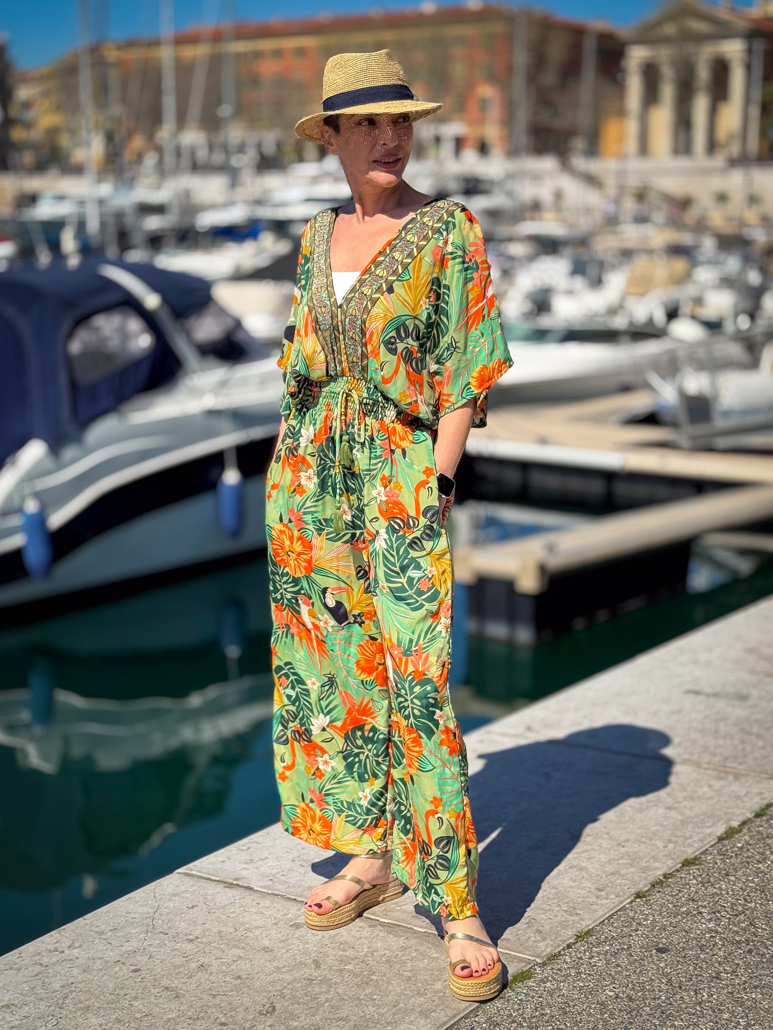 Women’s Silk Jumpsuit – Sleeveless – V-Neck Front and Back – Side Pockets – Boho Chic Summer Style
