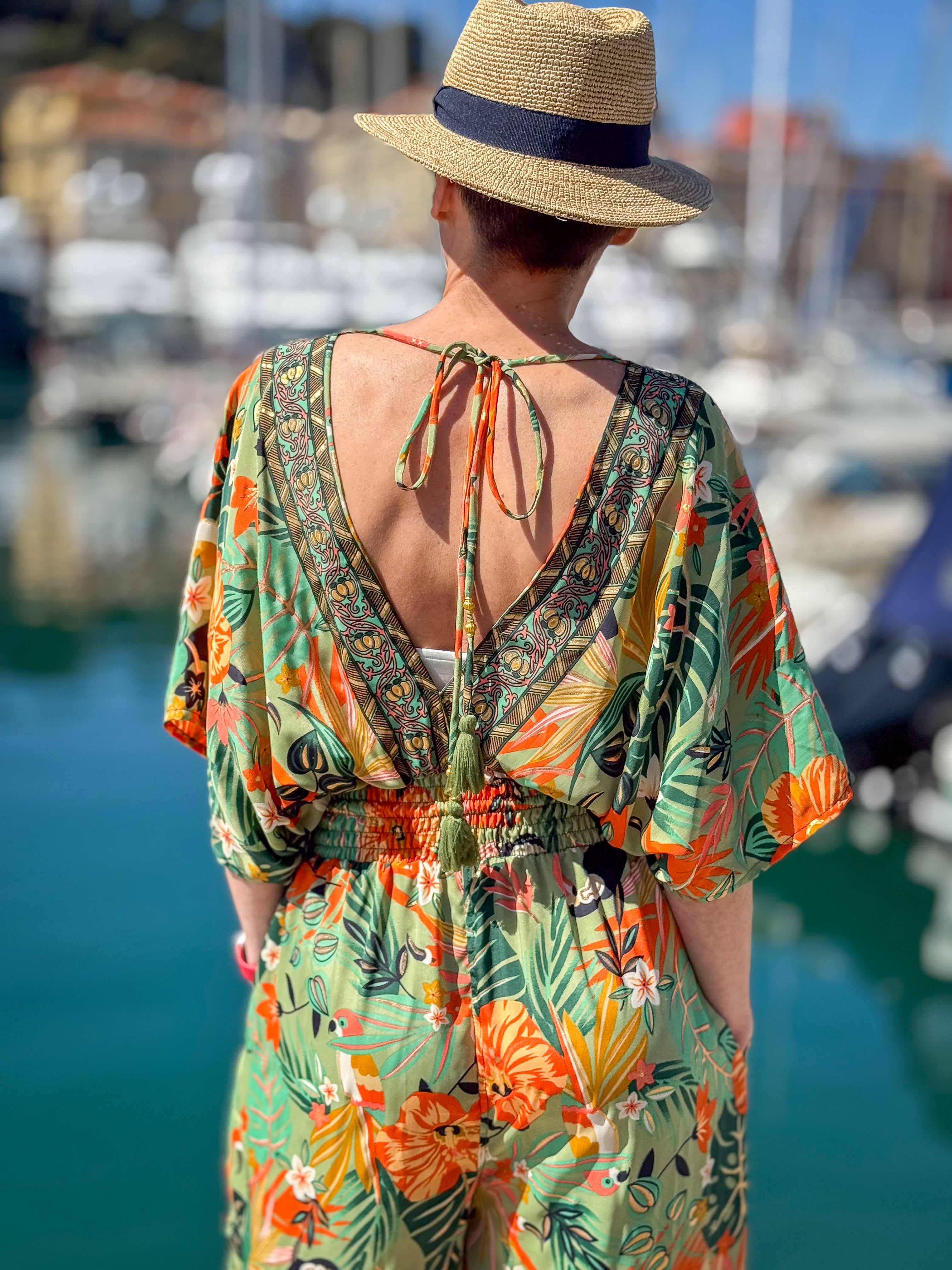 Women’s Silk Jumpsuit – Sleeveless – V-Neck Front and Back – Side Pockets – Boho Chic Summer Style
