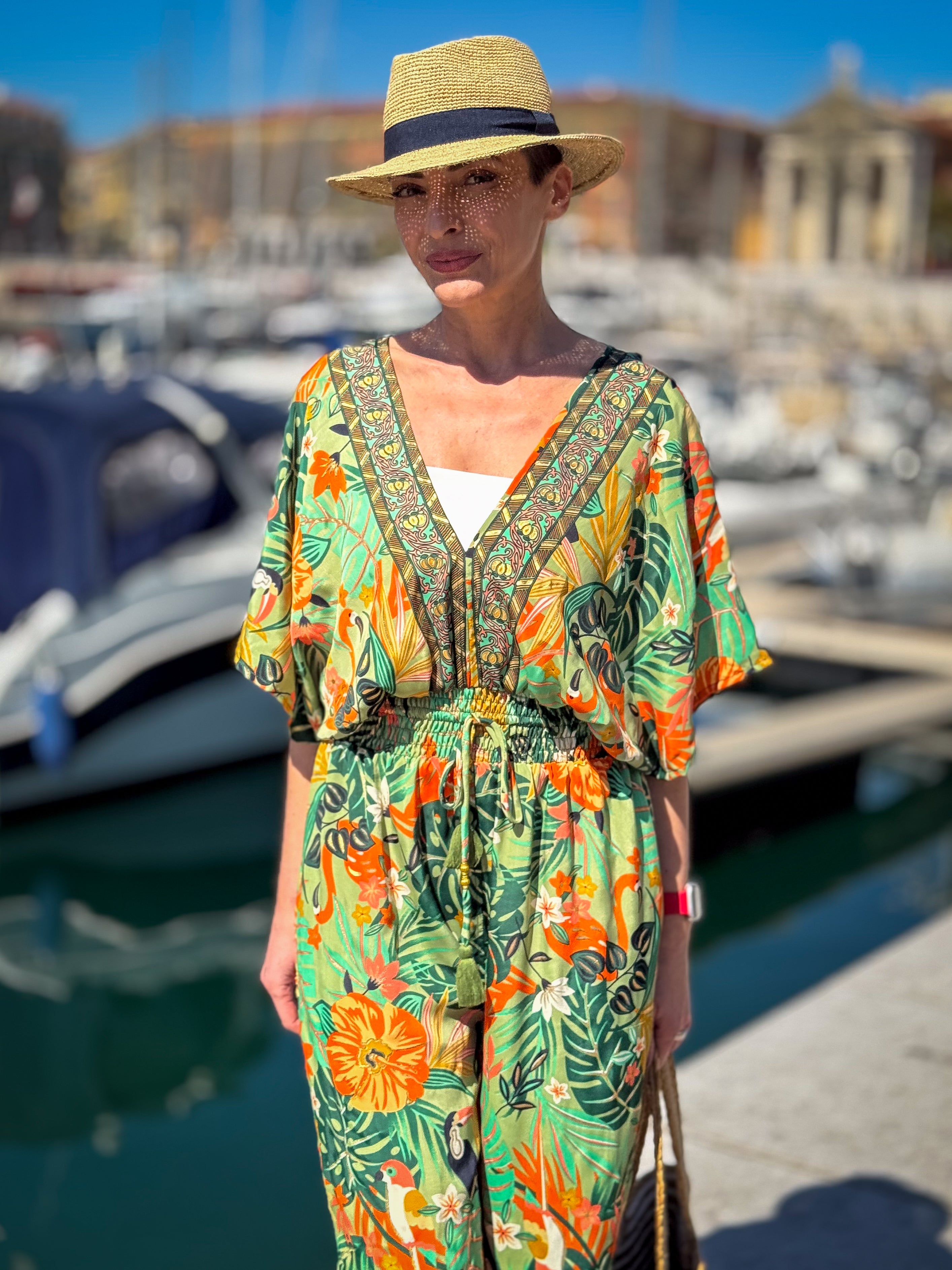 Women’s Silk Jumpsuit – Sleeveless – V-Neck Front and Back – Side Pockets – Boho Chic Summer Style
